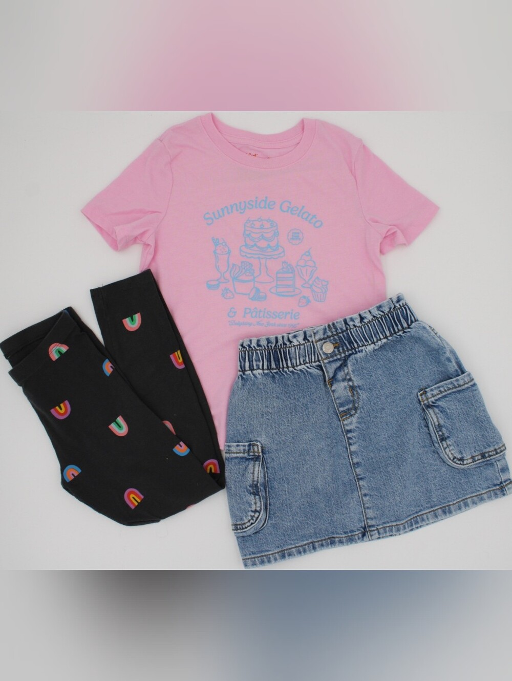 Girls 5T - 3pc Cat & Jack Bundle – Rainbow Leggings, Jean Skirt & Tee